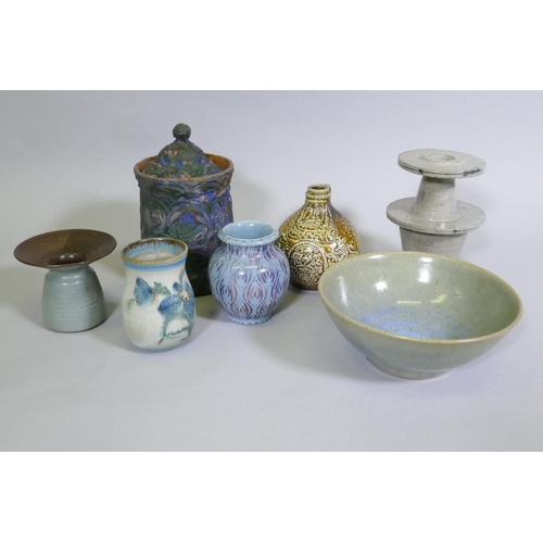 70 - Ault pottery lustre glazed vase, 12cm high, studio pottery pots and jars, and a bowl, some marked