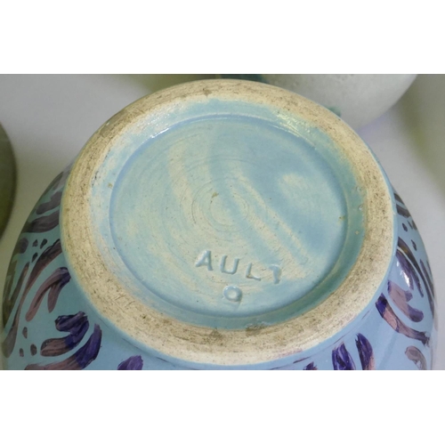 70 - Ault pottery lustre glazed vase, 12cm high, studio pottery pots and jars, and a bowl, some marked