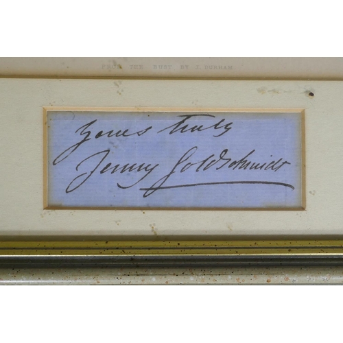 73 - Jenny Lind, an autographed colour lithograph after the bust by J. Durham, framed with a dedication '... 