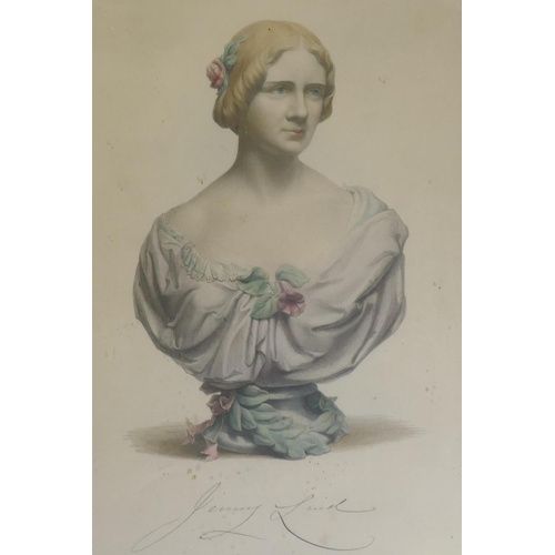 73 - Jenny Lind, an autographed colour lithograph after the bust by J. Durham, framed with a dedication '... 