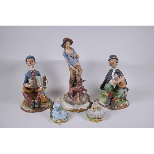 76 - Three Capodimonte porcelain figures including a pair of ring holders in the form of seated flower gi... 