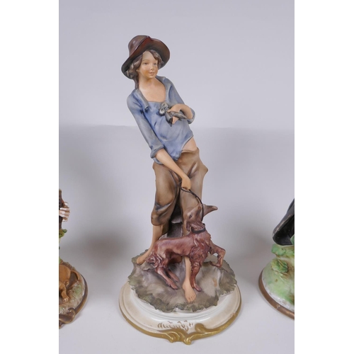 76 - Three Capodimonte porcelain figures including a pair of ring holders in the form of seated flower gi... 