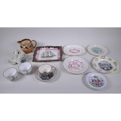 80 - A collection of C19th lustreware porcelain to include a Sunderland Flying Cloud plaque, a Wedgwood F... 