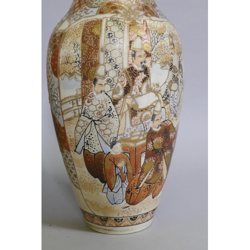 87 - A pair of Meiji period Satsuma vases, decorated with warriors, 40cm high