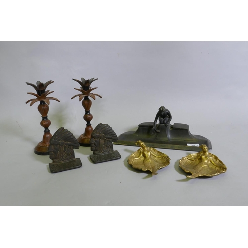 88 - An Art Deco patinated metal desk stand with two inkwells, AF, loss to corner and lacks glass well, 3... 