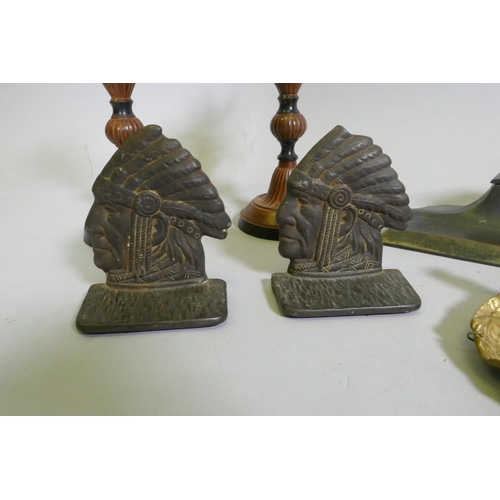 88 - An Art Deco patinated metal desk stand with two inkwells, AF, loss to corner and lacks glass well, 3... 