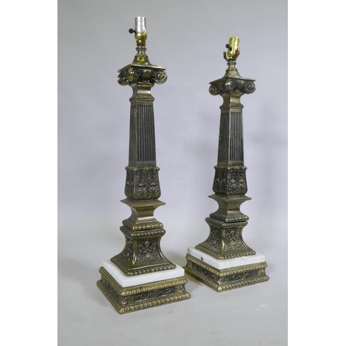 9 - A pair of brass and marble classical column table lamps, 74cm high