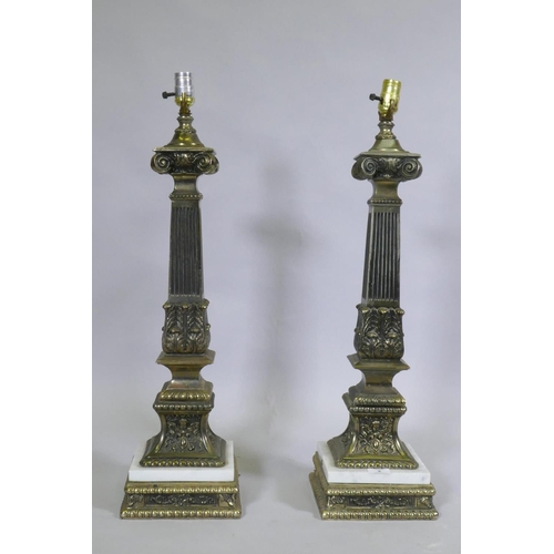 9 - A pair of brass and marble classical column table lamps, 74cm high