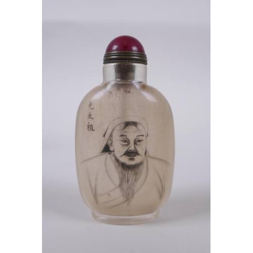 91 - A Chinese reverse decorated glass snuff bottle decorated with a portrait of a bearded gentleman, ins... 