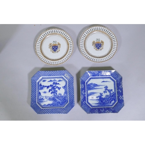 93 - A pair of oriental transfer printed blue and white decorated dishes, 26 x 26cm, and a pair of armori... 