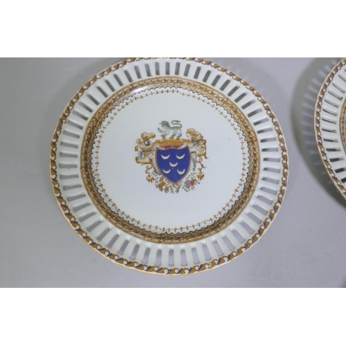 93 - A pair of oriental transfer printed blue and white decorated dishes, 26 x 26cm, and a pair of armori... 