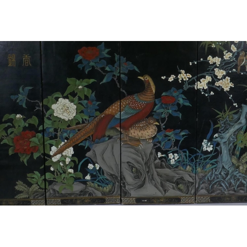 99 - A Chinese painted four panel picture of asiatic pheasants amongst flowers, each panel 38 x 91cm