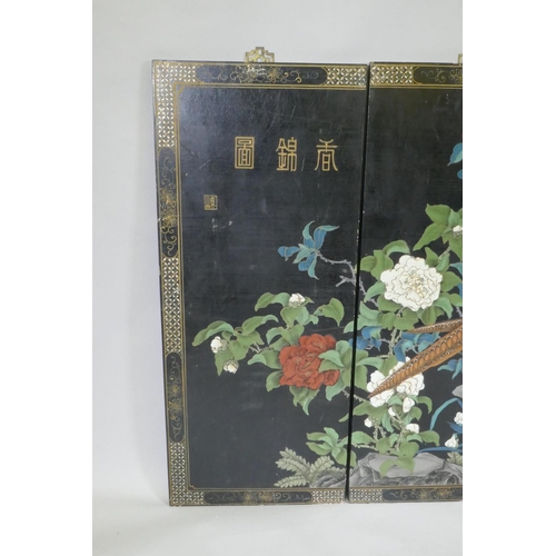 99 - A Chinese painted four panel picture of asiatic pheasants amongst flowers, each panel 38 x 91cm