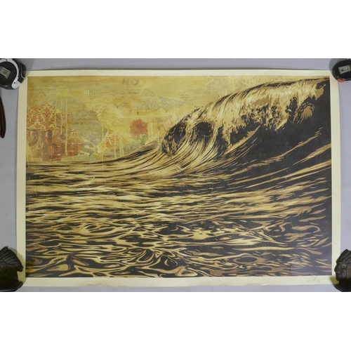 859 - Shepard Fairey, (American, b.1970), Dark Wave, pencil signed offset lithograph, creases to edge, unf... 