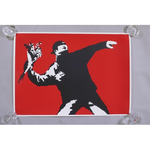 850 - After Banksy, Love is in the Air (Flower Thrower), limited edition copy screen print No. 420/500, by... 