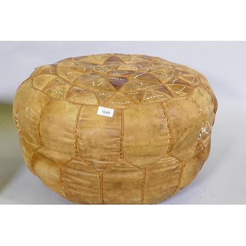 1134 - A North African leather patchwork pouffe, 60cm diameter x 35cm high, and another with Indian embroid... 