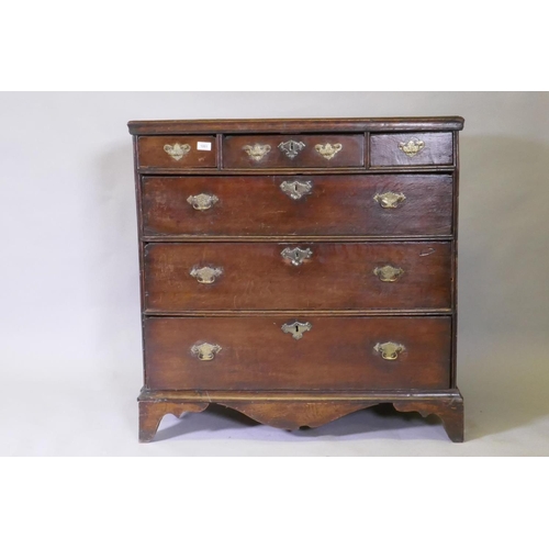 1140 - An early C18th oak chest of three over three drawers, with scratched and moulded detail on the rails... 