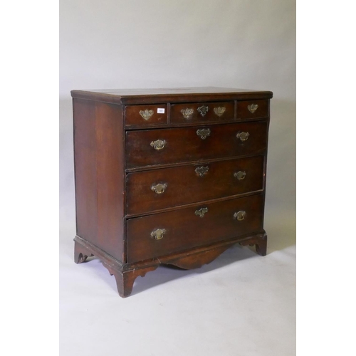 1140 - An early C18th oak chest of three over three drawers, with scratched and moulded detail on the rails... 