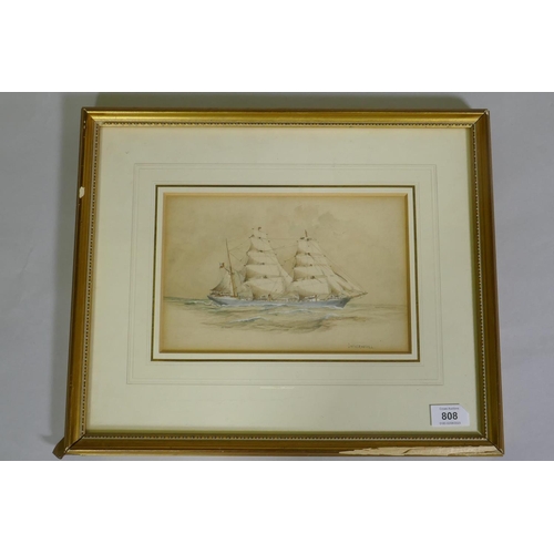 899 - J.E. Cooper, Inverneill, a three masted steel hull barque, watercolour, signed, 25 x 16cm