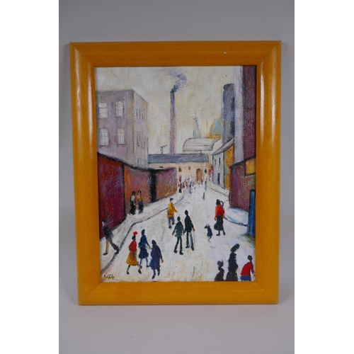 915 - In the manner of L.S. Lowry, street scene, oil on board, 30 x 40cm