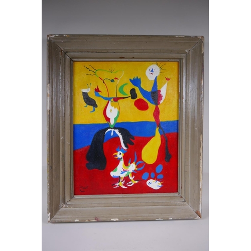 902 - In the manner of Joan Miro, (Spanish, 1893-1983), surrealist figural abstract, oil on board, 40 x 50... 