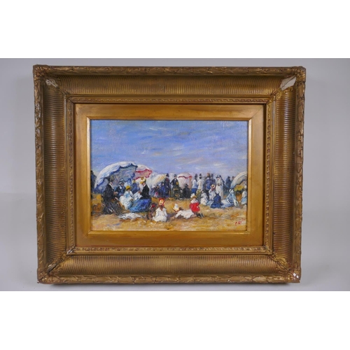 905 - After Eugene Boudin, (French, 1824-1898), beach scene, oil on board, 35 x 25cm