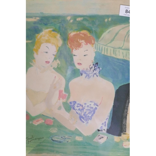 891 - Jean-Gabriel Domergue, two ladies at the casino table, lithograph, signed in pencil, folded over a c... 