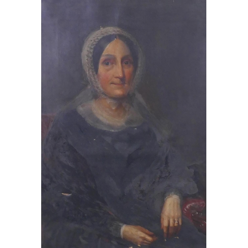 892 - A portrait of a woman in black with lace bonnet, oil on canvas, unsigned, 71 x 92cm