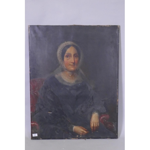 892 - A portrait of a woman in black with lace bonnet, oil on canvas, unsigned, 71 x 92cm