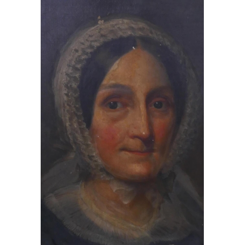 892 - A portrait of a woman in black with lace bonnet, oil on canvas, unsigned, 71 x 92cm