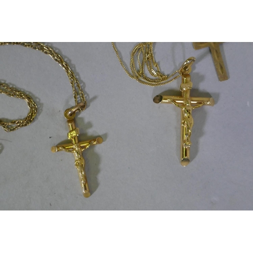 638 - 9ct gold, three crucifix, chains and hoop earrings, studs and pendants, 7.7g weighable gold, 9.4g gr... 