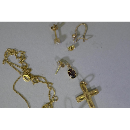 638 - 9ct gold, three crucifix, chains and hoop earrings, studs and pendants, 7.7g weighable gold, 9.4g gr... 