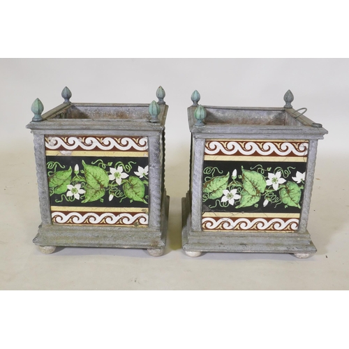 1 - A pair of Victorian zink planters with inset Minton style tiles, 26 x 26cm, 32cm high, AF