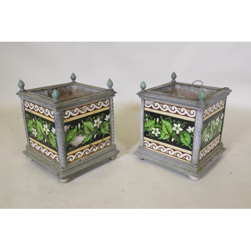 1 - A pair of Victorian zink planters with inset Minton style tiles, 26 x 26cm, 32cm high, AF