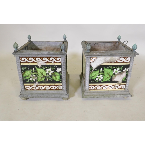 1 - A pair of Victorian zink planters with inset Minton style tiles, 26 x 26cm, 32cm high, AF