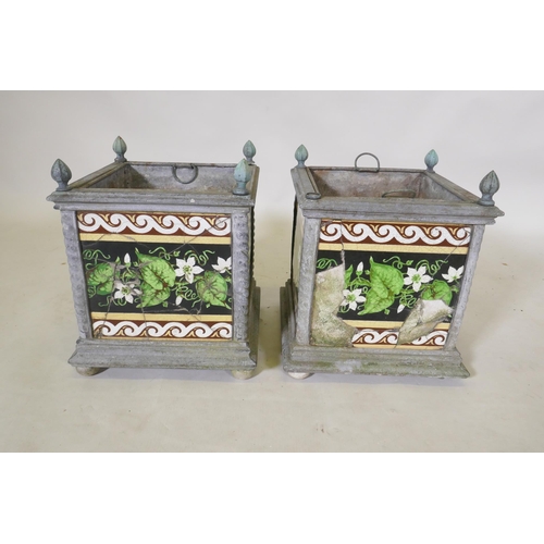 1 - A pair of Victorian zink planters with inset Minton style tiles, 26 x 26cm, 32cm high, AF