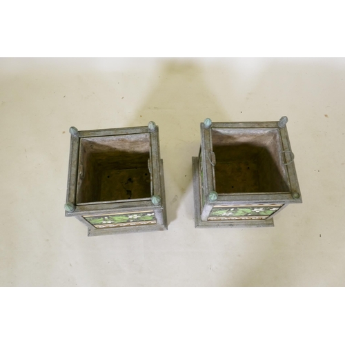 1 - A pair of Victorian zink planters with inset Minton style tiles, 26 x 26cm, 32cm high, AF