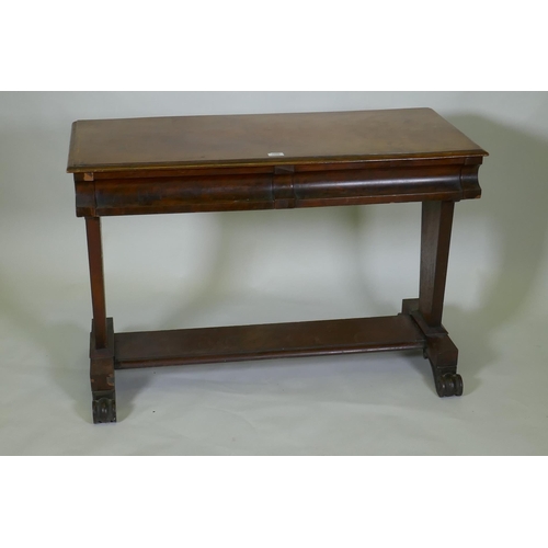 1006 - C19th mahogany writing table with two moulded frieze drawers, raised on end supports united by a str... 