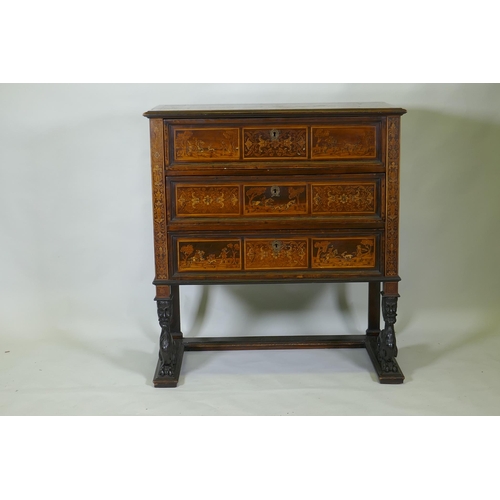 1018 - C18th/C19th Italian/Swiss marquetry inlaid walnut chest of three drawers, inlaid with hunting scenes... 