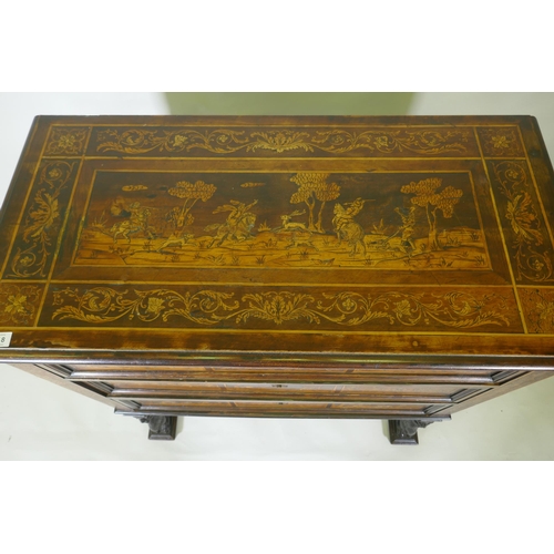 1018 - C18th/C19th Italian/Swiss marquetry inlaid walnut chest of three drawers, inlaid with hunting scenes... 