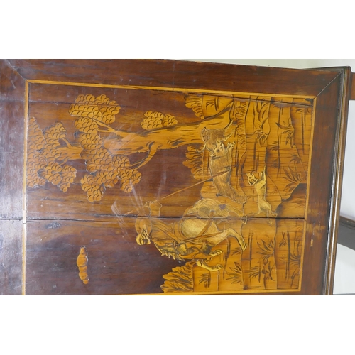 1018 - C18th/C19th Italian/Swiss marquetry inlaid walnut chest of three drawers, inlaid with hunting scenes... 