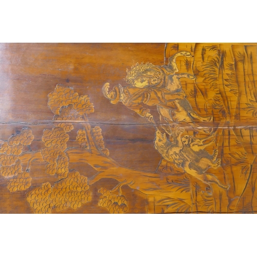 1018 - C18th/C19th Italian/Swiss marquetry inlaid walnut chest of three drawers, inlaid with hunting scenes... 