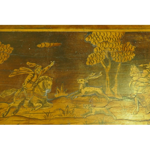 1018 - C18th/C19th Italian/Swiss marquetry inlaid walnut chest of three drawers, inlaid with hunting scenes... 