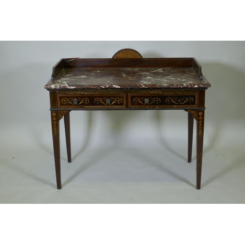 1019 - A Victorian inlaid mahogany washstand with rouge marble top and three quarter gallery and two drawer... 