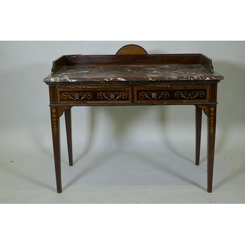 1019 - A Victorian inlaid mahogany washstand with rouge marble top and three quarter gallery and two drawer... 