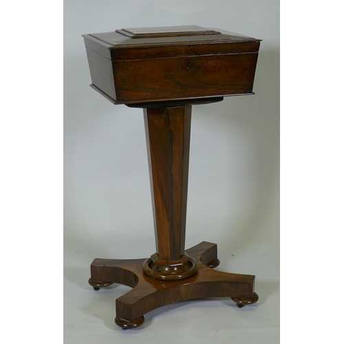 1023 - A Regency rosewood teapoy/workbox on an octagonal column, and an elm hanging corner cupboard, 79cm h... 