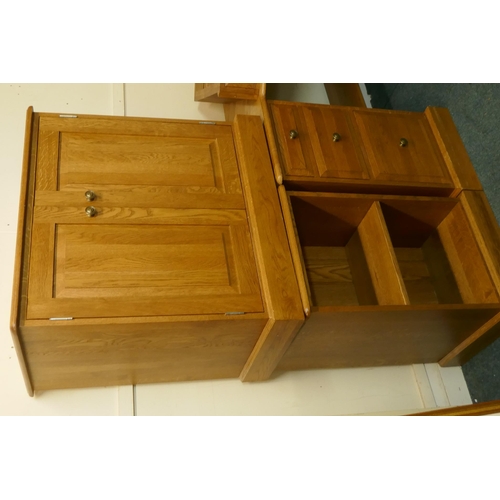 1027 - A contemporary solid oak corner office desk with filing cabinets and chest of drawers