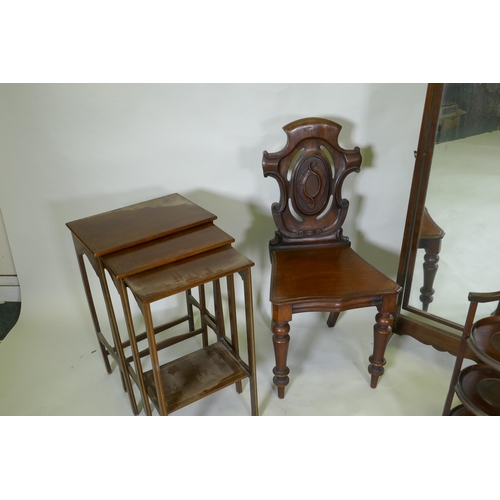 1037 - A cheval mirror, 142cm high, piano stool, cane stool etc