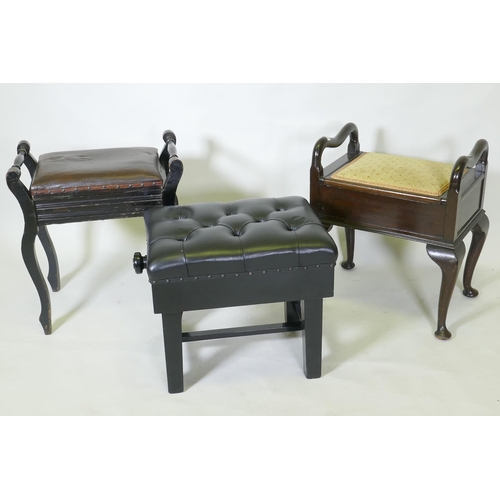 1057 - A contemporary black lacquered rising piano stool and two Edwardian stools