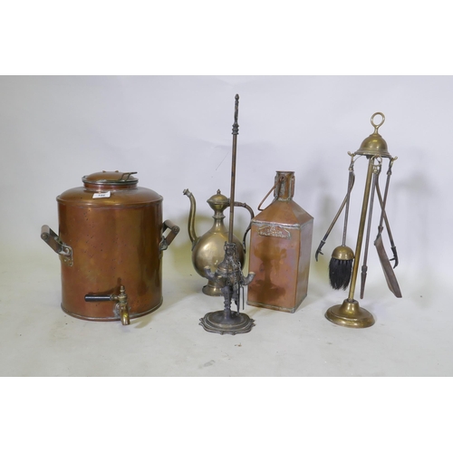 106 - An antique GWR copper water cistern, 32cm high, brass whale oil lamp, copper gallon can etc